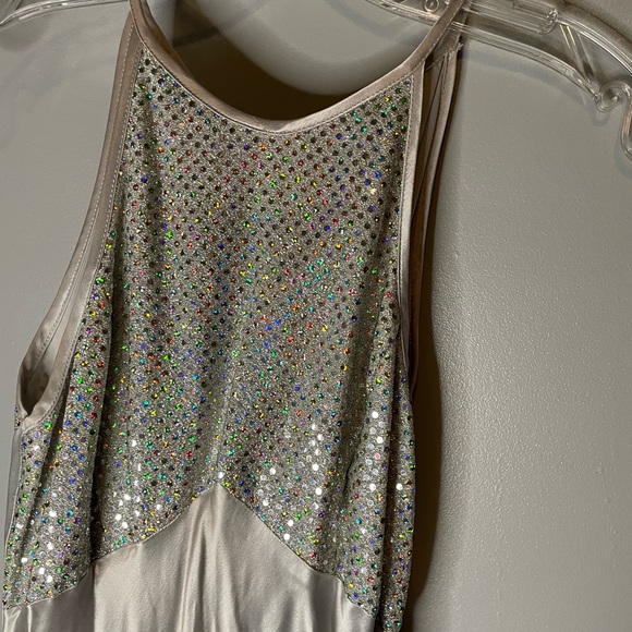 Silver Formal Dress with Sequin Top and Tie Back - Picture 9 of 13